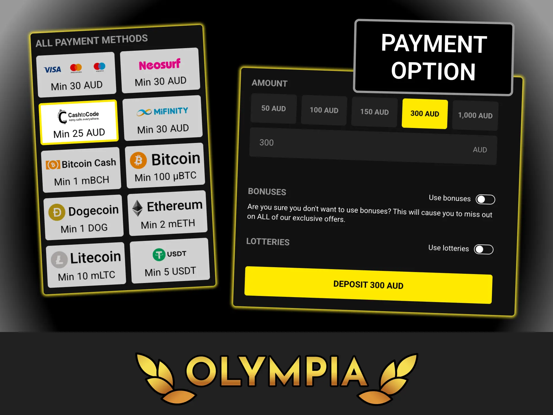 Open the official cashier section and choose your preferred payment option at Olympia casino.