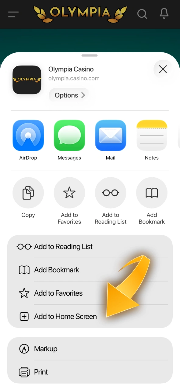 Save the Olympia web app shortcut to your iPhone home screen for fast loading.