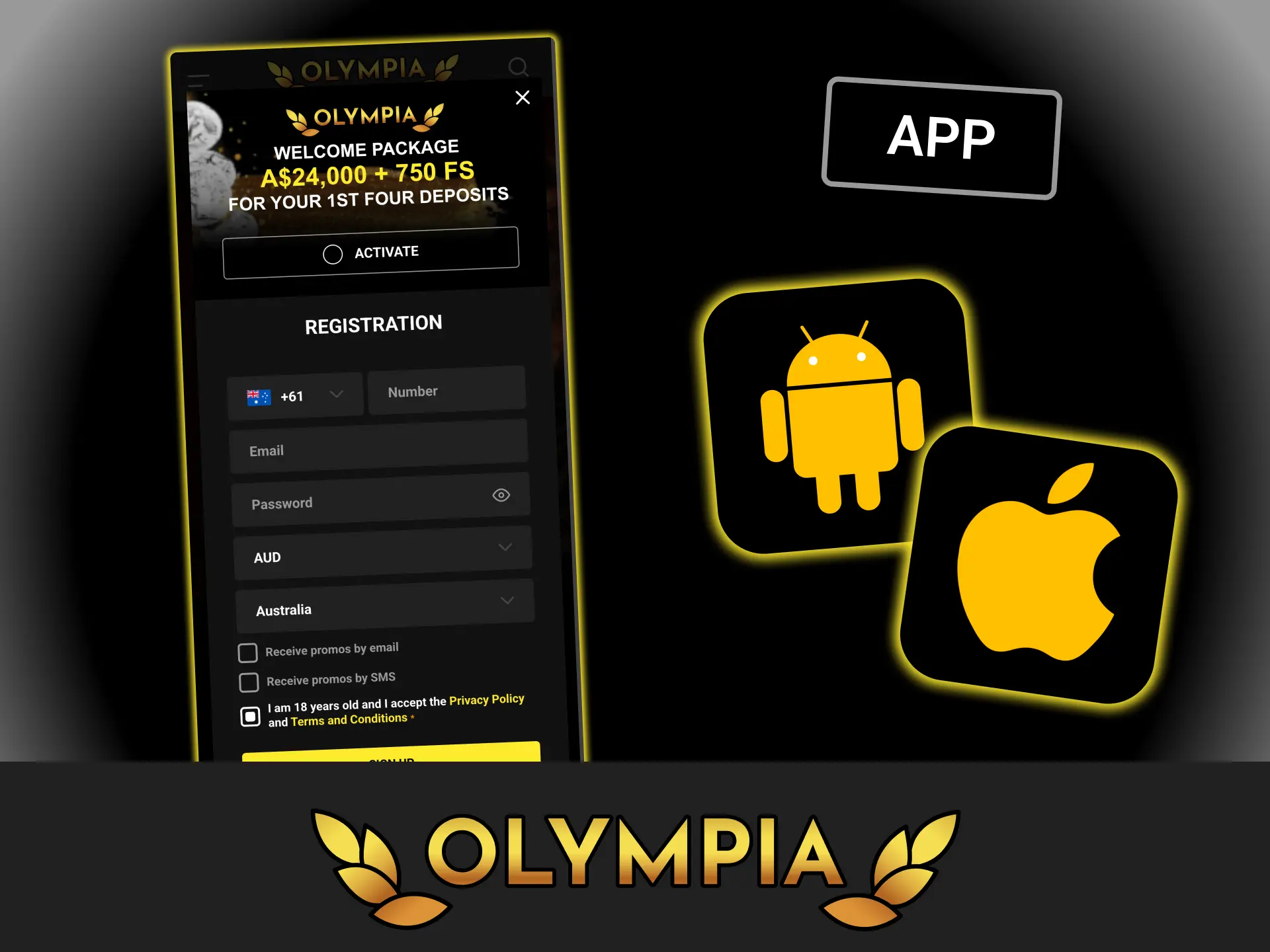 Open the phone registration form, fill in your details and join Olympia casino easily.