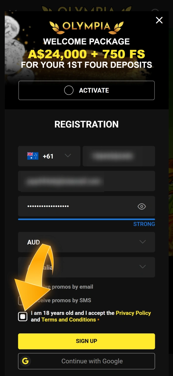 Confirm your legal age during registration to complete your Olympia sign-up.