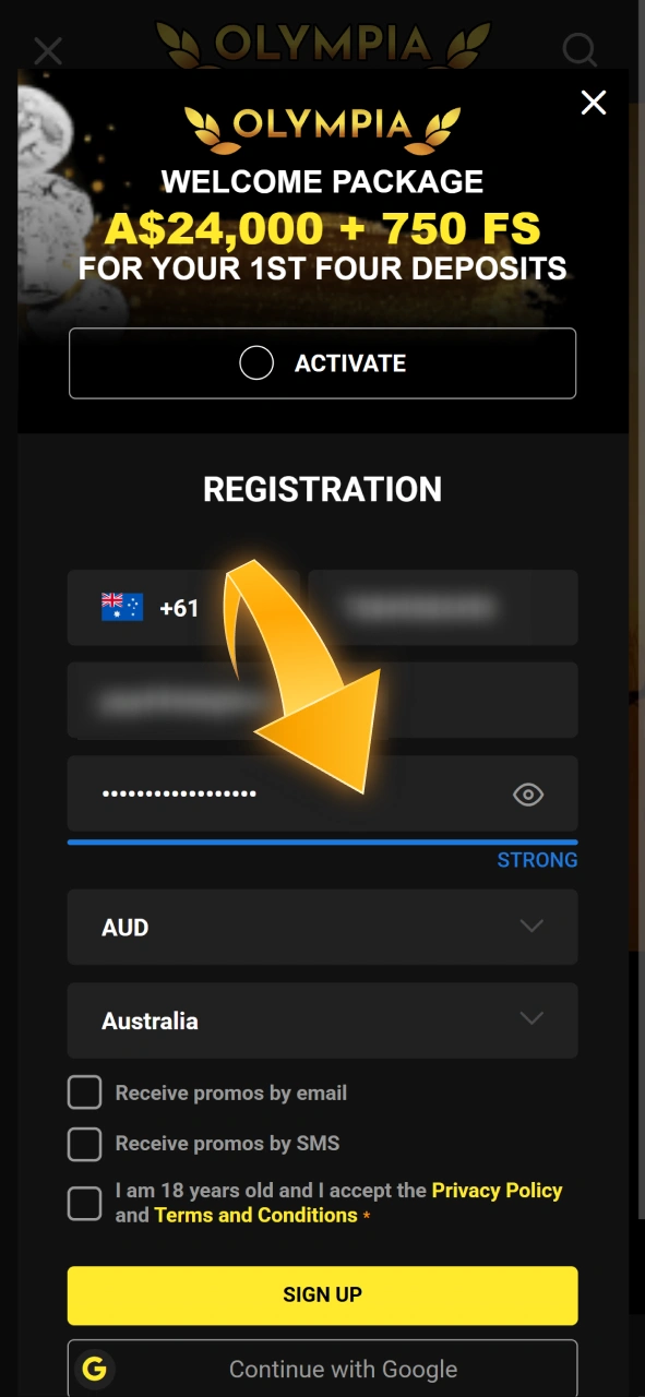 Create a secure password to protect your new Olympia player profile.