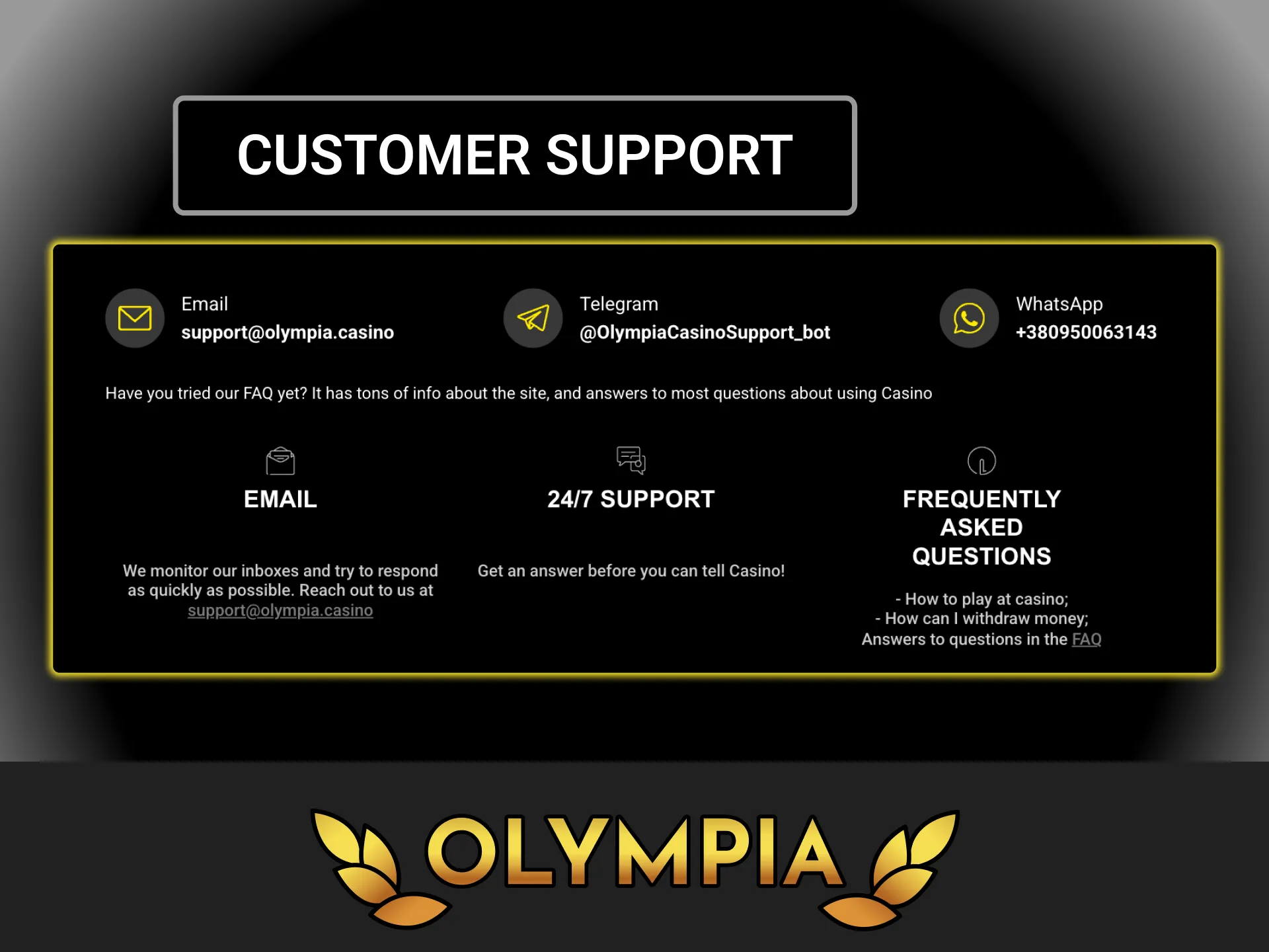 Contact the customer support team in Australia and solve your payment problems at Olympia casino.