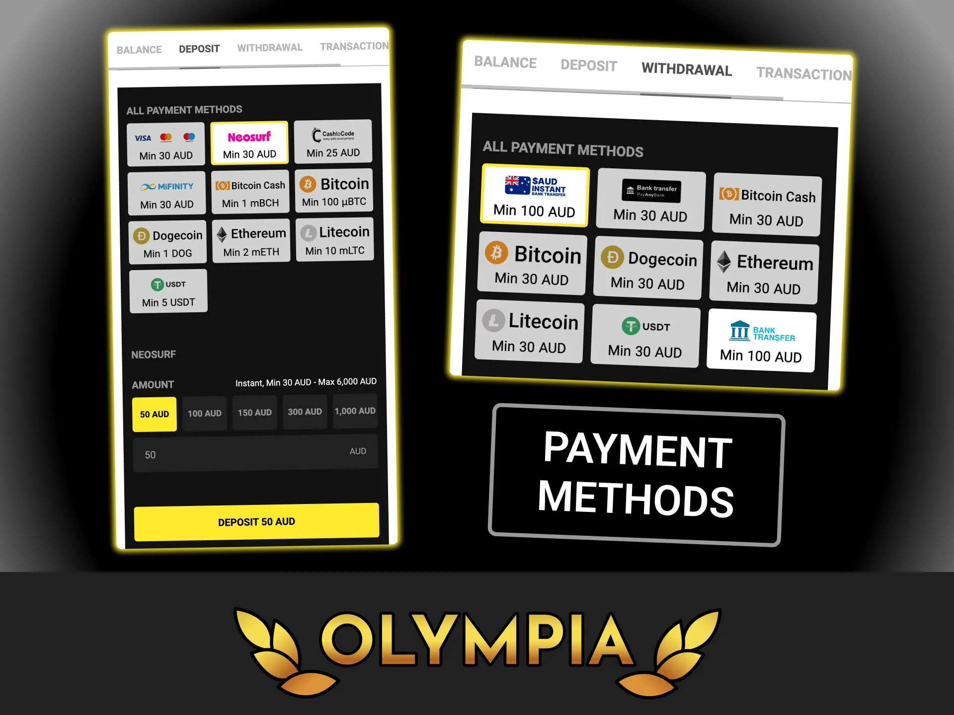 Open the cashier section, choose standard banking options and make your deposit at Olympia casino.