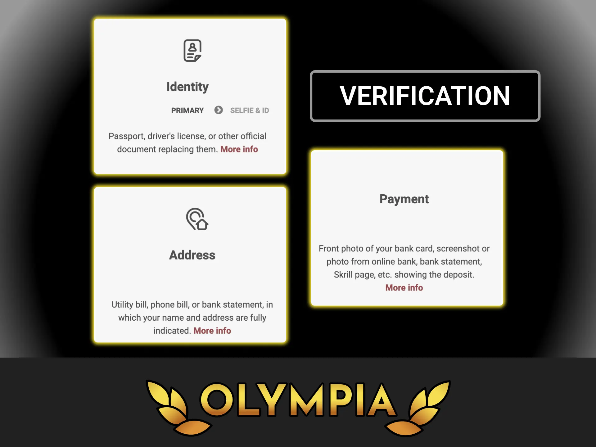 Open your profile settings, find the verification subsection and upload files at Olympia casino.