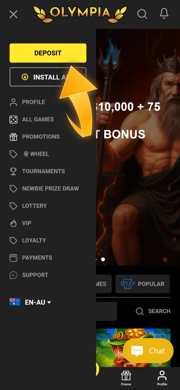 Locate and click the deposit button on the Olympia platform to fund your gameplay.