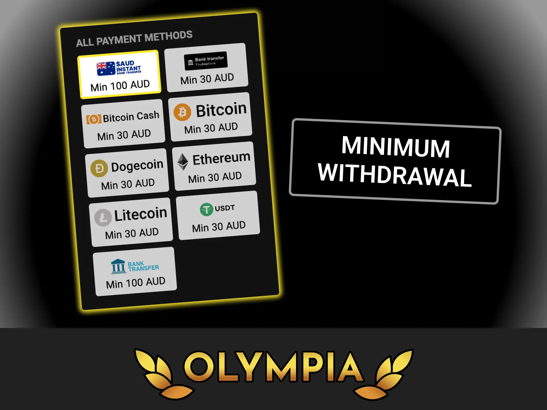 Open the casino cashier section and check the minimum withdrawal limits at Olympia casino.