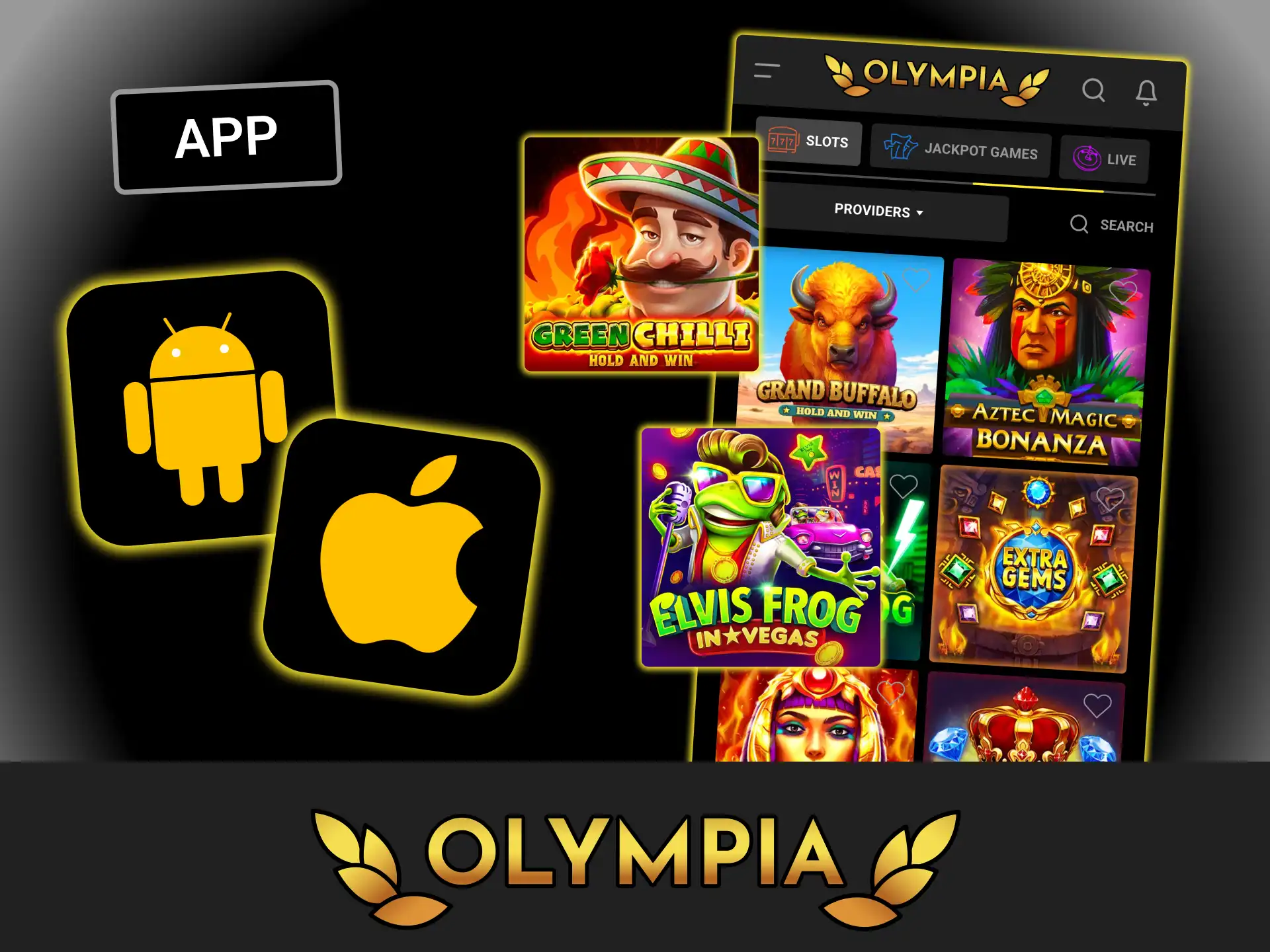 Launch active jackpots or Megaways slots from Android or iPhone devices at Olympia casino today.