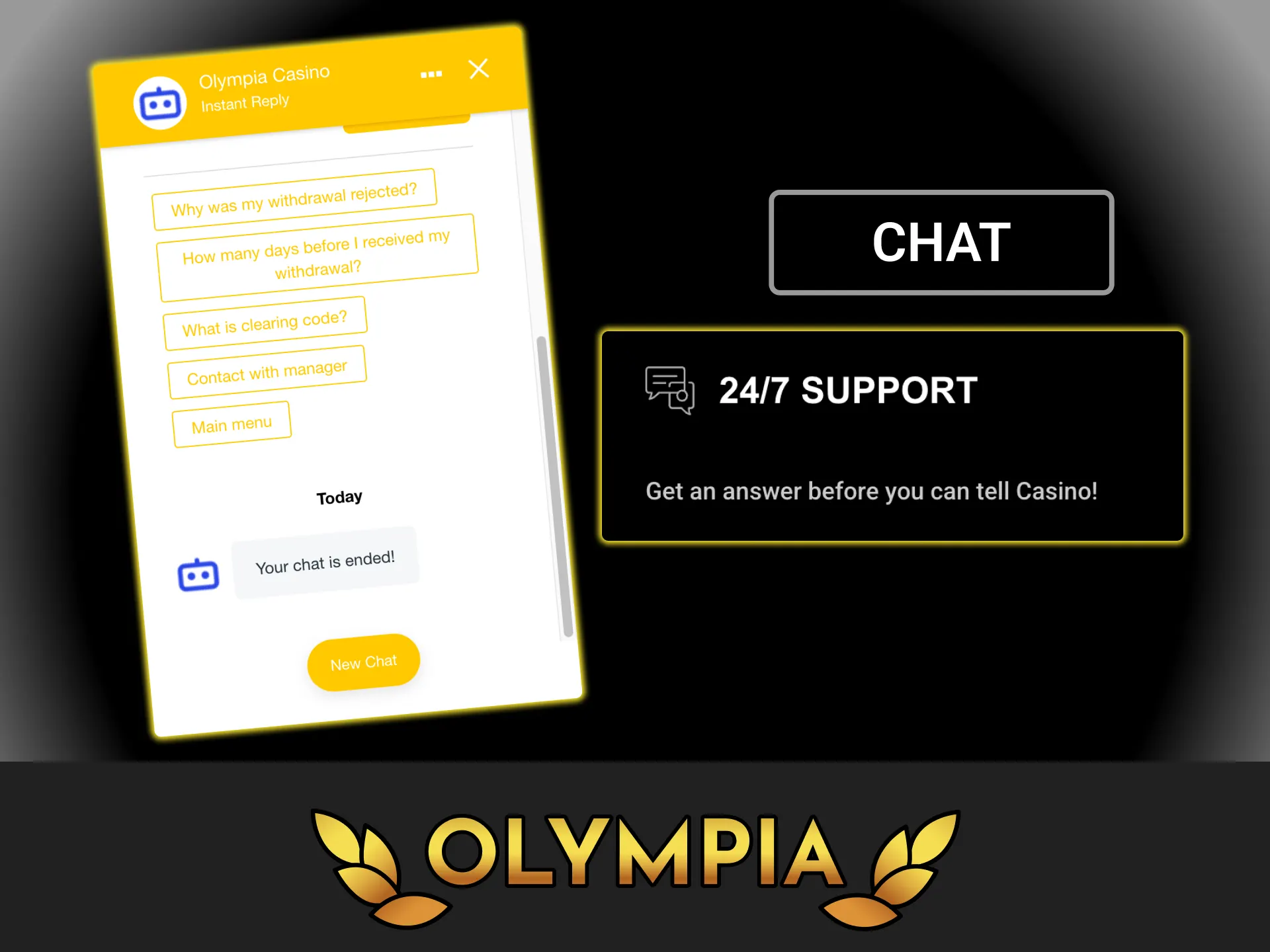 Open the on-site live chat and receive quick replies from support agents at Olympia casino.